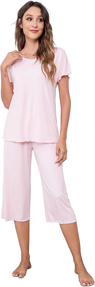 QUALFORT Womens Pajamas Soft Pajama Sets Short Sleeve Pjs Sets Plus Size Sleepwear S-3XL