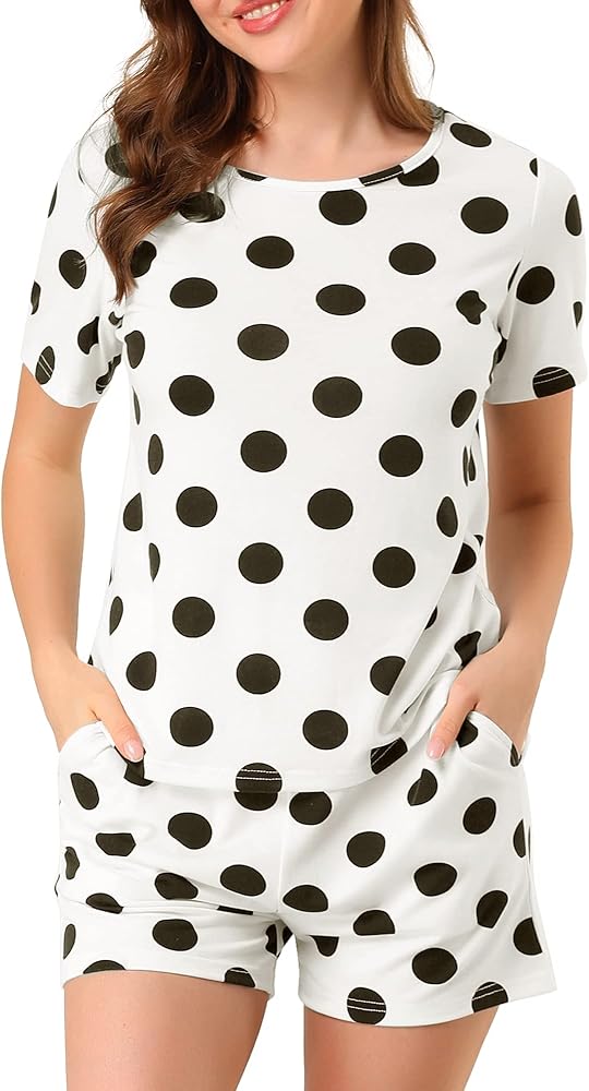 Allegra K Womens Cute Round Neck Short Sleeve Pjs Sleepwear Polka Dots Pajama Set XS-XXL