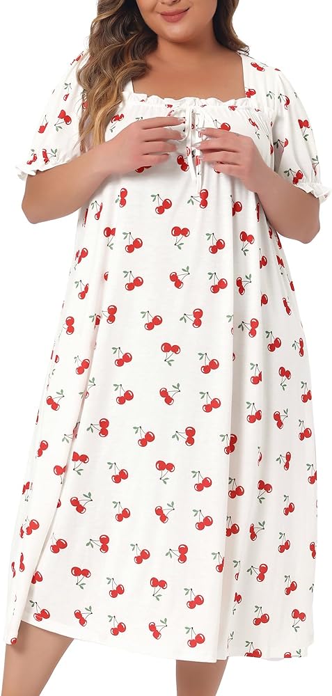 Agnes Orinda Plus Size Nightgowns for Women Cherry Sleepshirts Ruffle Princess Comfy Nightdress Pajamas Lounger