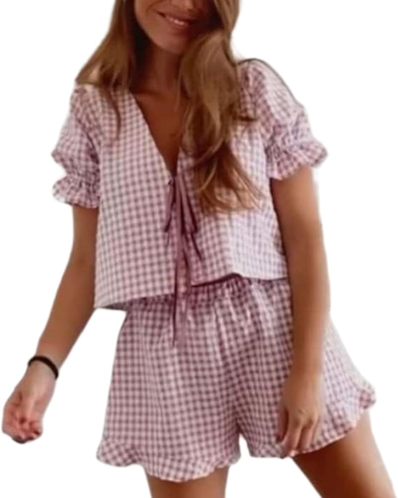 2 Piece Pajamas Sets for Women Y2K Peplum Puff Sleeve Tie Front Babydoll Shirt Gingham Shorts Matching Pj Set