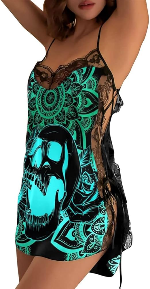 Products Skull Mandala Turquoise Silk Nightgown, Stunning Romantic Sleepwear For Women