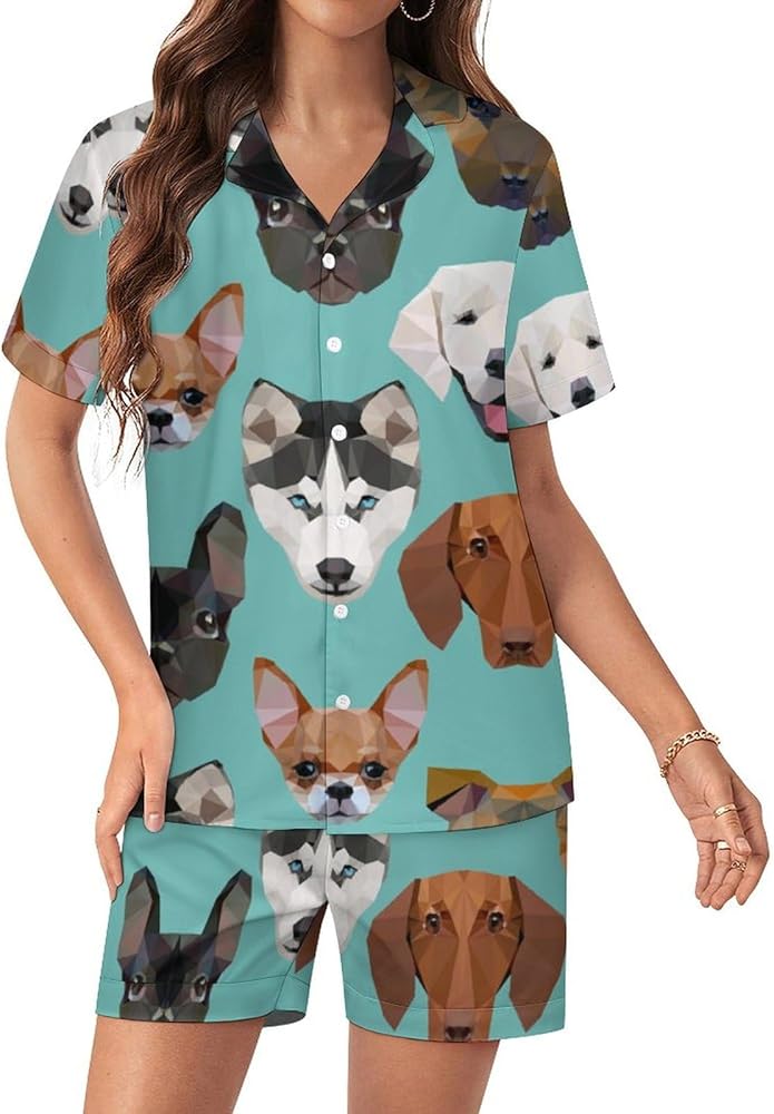 Polygonal Dogs Women's Pajamas Set Two Piece Button Down Sleepwear Short Sleeve And Shorts Loungewear