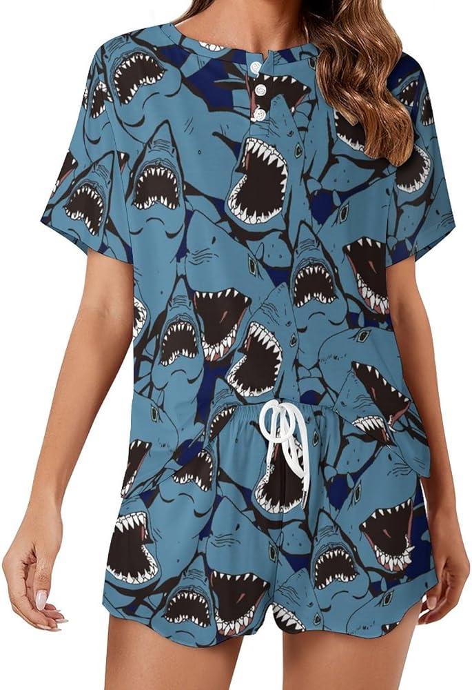 Angry Shark Classic Women's Pajamas Loungewear Set Loose Short Sleeve Sleepwear With Pockets