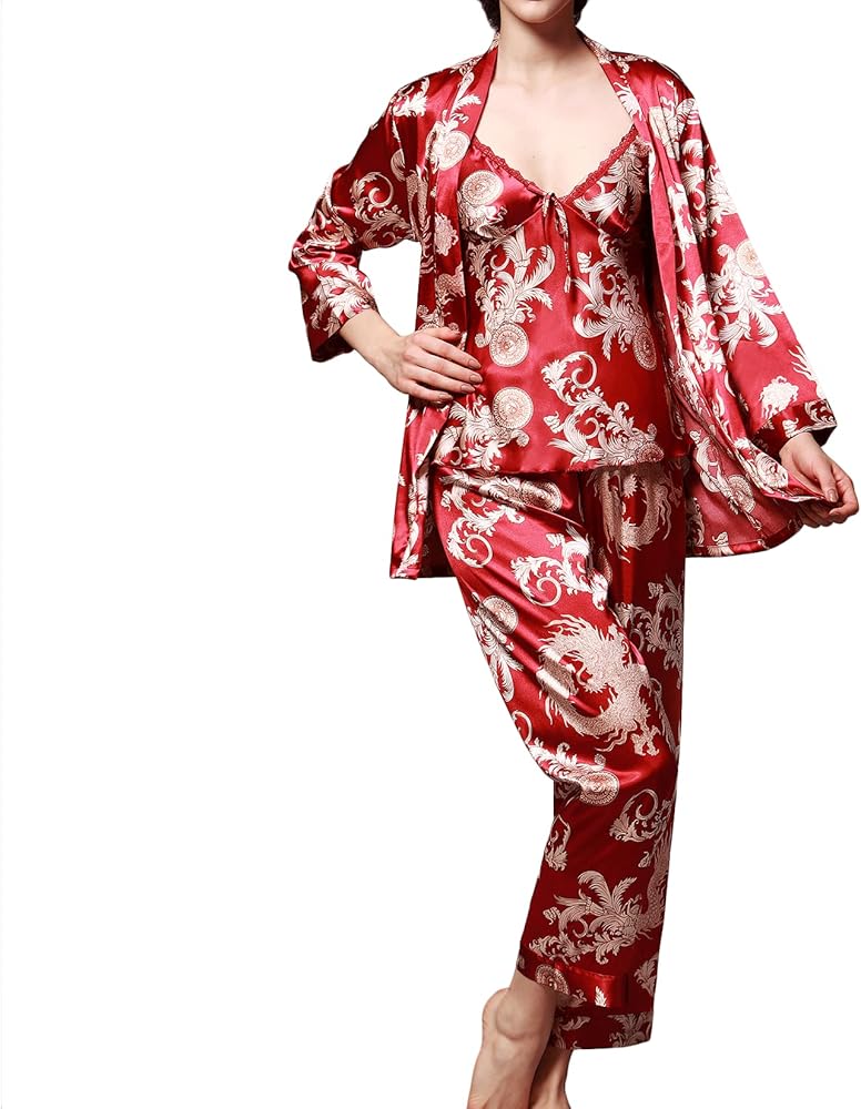 Lu's Chic Women's Satin Cami and Pant Pajamas Set with Robe 3Pcs Pj Silk V Neck Long Sleeve Sleepwear