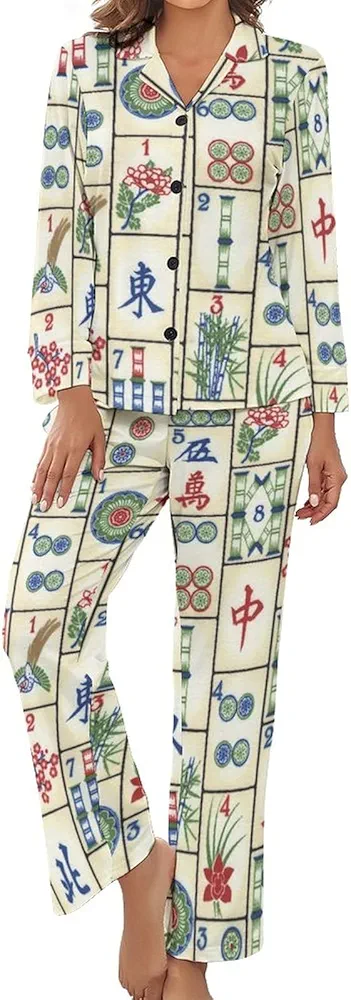 Fun Mahjong Women's Pajama Set Long Sleeve Loungewear Button Down Sleepwear Top Pants