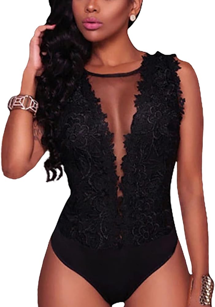 Sexy Lace Bodysuit Jumpsuit See Through Mesh Sleeveless Tops Party Club Going Out Date Night Outfit for Women Black