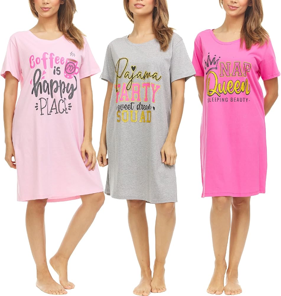 Essential Elements 3 Pack: Womens 100% Cotton Sleep Shirt - Soft Printed Sleep Dress Nightgown Sleepwear Pajama Nightshirt