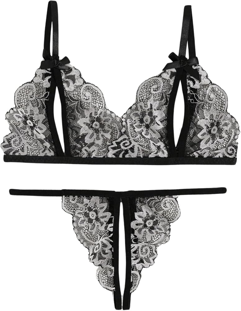 SweatyRocks Women's Floral Lace 2 Piece Spaghetti Strap Triangle Bra with Thongs Lingerie Set