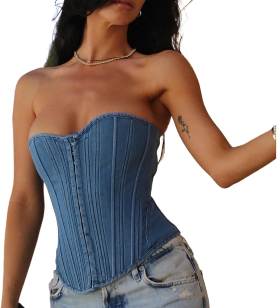 Denim Corset Top for Women, Denim Tube Top Sexy Sleeveless Slim Front Hook Waist Cincher Bustier Jean Corset Tops