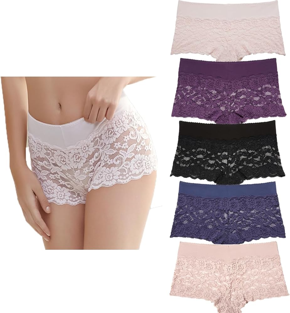 Women's Lace Underwear Boyshort Panties Hipsters Panty-5 Pack