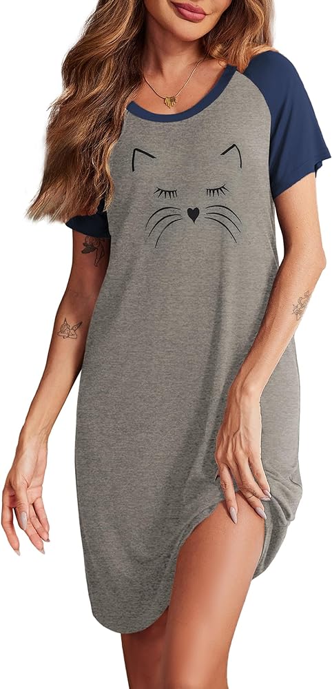 Ekouaer Womens Nightgown Short Sleeve Night Dress Printed Sleepwear Soft Sleep Shirt S-3XL