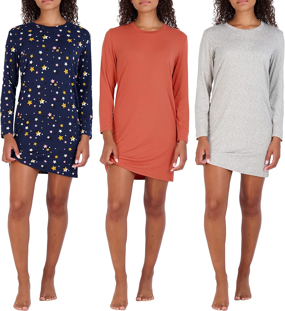 Real Essentials 3 Pack: Women's Nightshirt Long Sleeve Ultra-Soft Print Nightgown Sleep Dress (Available In Plus Size)