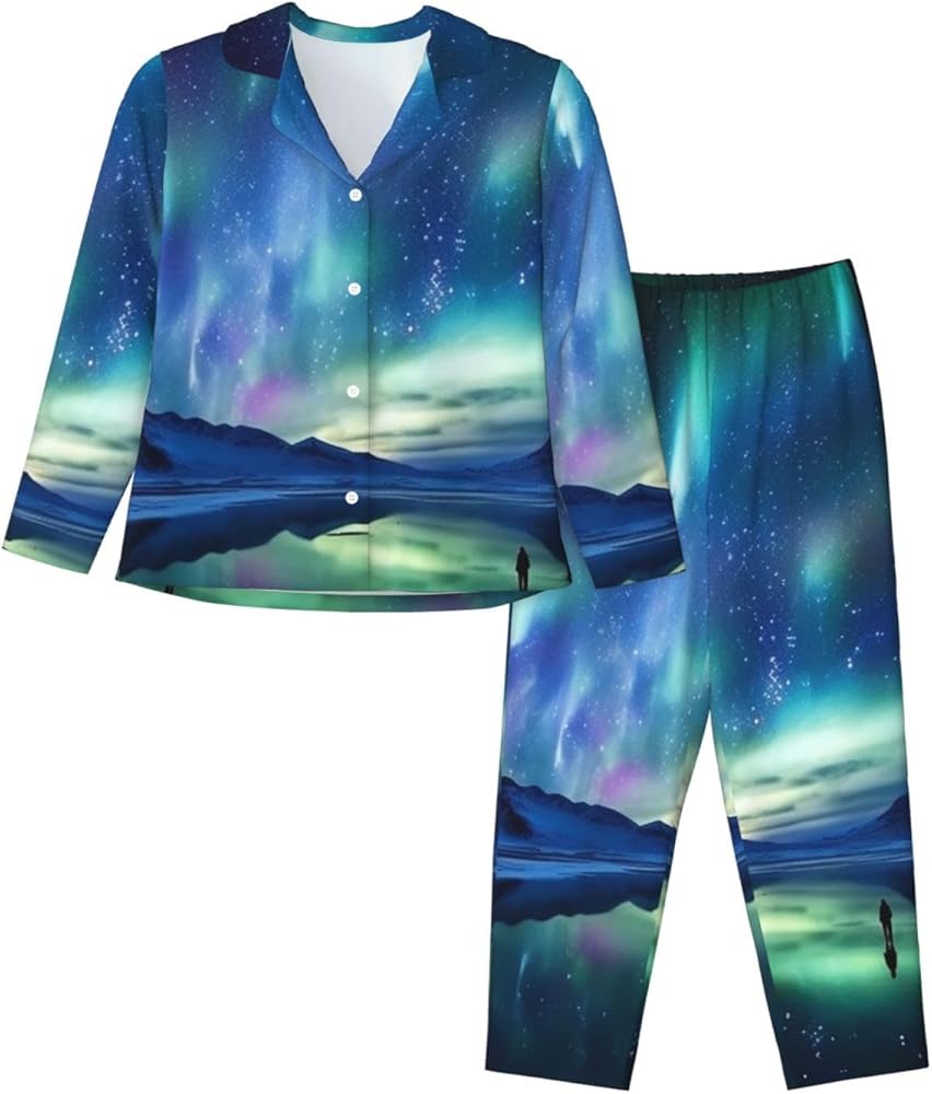 Womens Pajama Set Northern Lights Long Sleeve Pajama for Women Loungewear Soft Ladies Pyjamas 2 Pcs