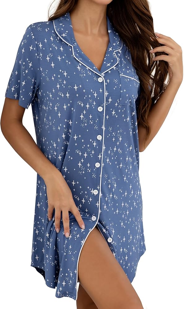 Nightgowns for Women V Neck Short Sleeve Sleepwear Button Down Pajama Dress