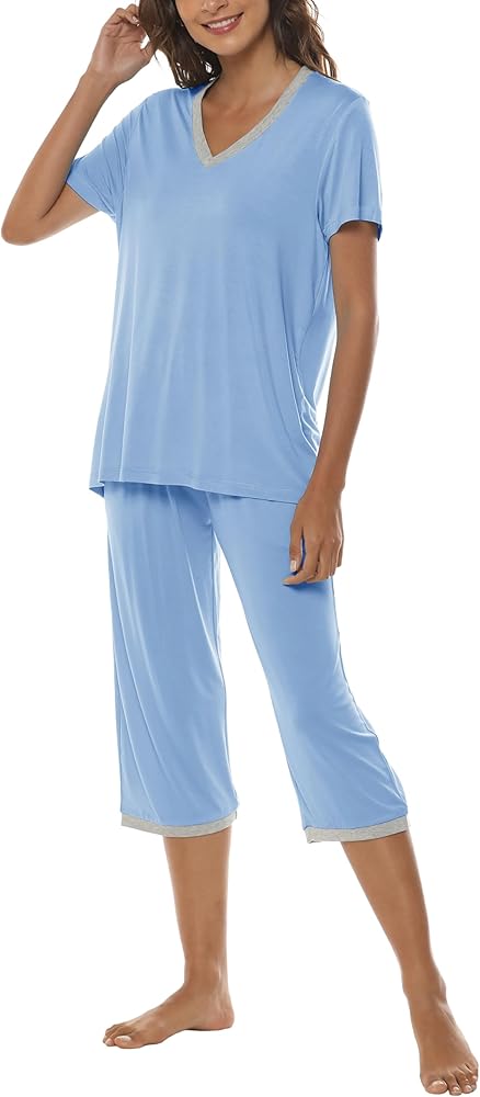 MoFiz Women's Capri Pajama Sets Short Sleeve Sleepwear Tops with Capri Pants 2 Piece V Neck Summer Pjs with Pockets