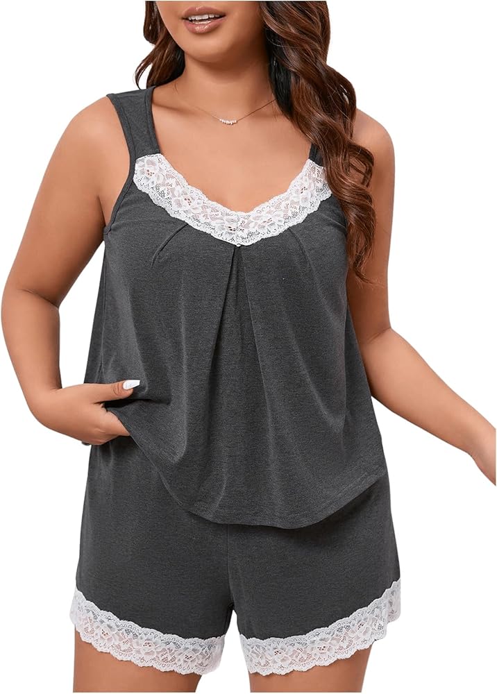 Women's Plus Size Pajama Sets 2 Piece Contrast Lace Sleeveless Tank Top and Shorts Sleepwear Lounge