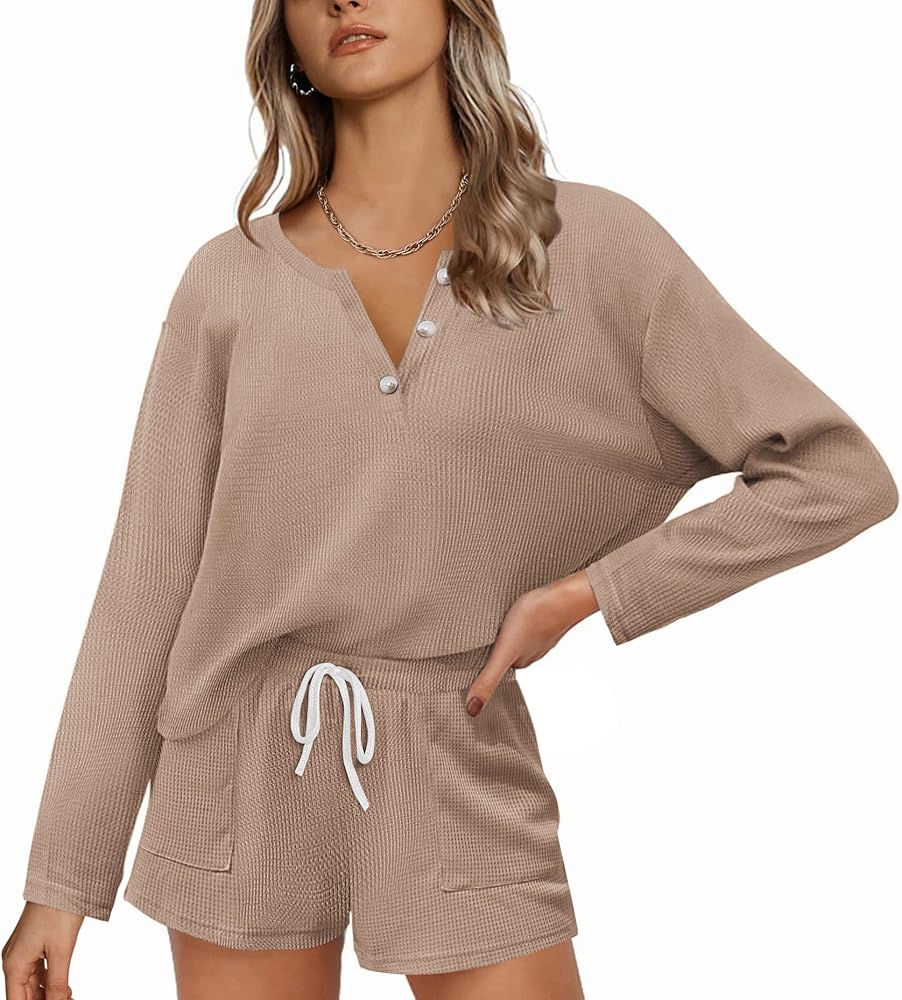 Ekouaer Women's Waffle Knit Pajama Sets Long Sleeve Top and Shorts Two Piece Outfits Sweatsuits with Pockets S-XXL