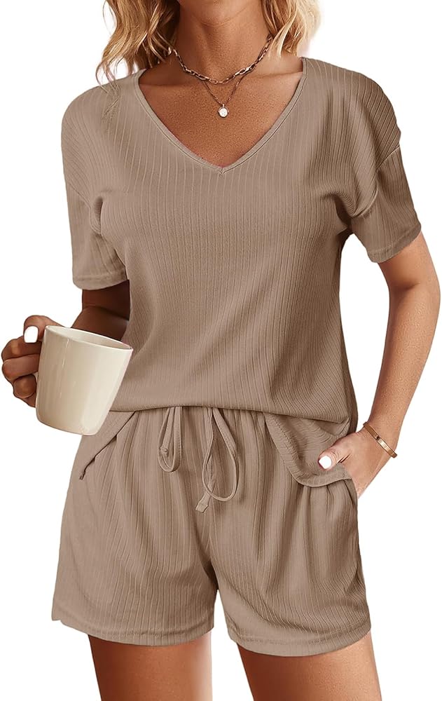 Women's 2 Piece Outfits Ribbed Knit Lounge Set Soft Short Sleeve Shirt and Shorts Sleepwear Pajama Set Two Piece Sets