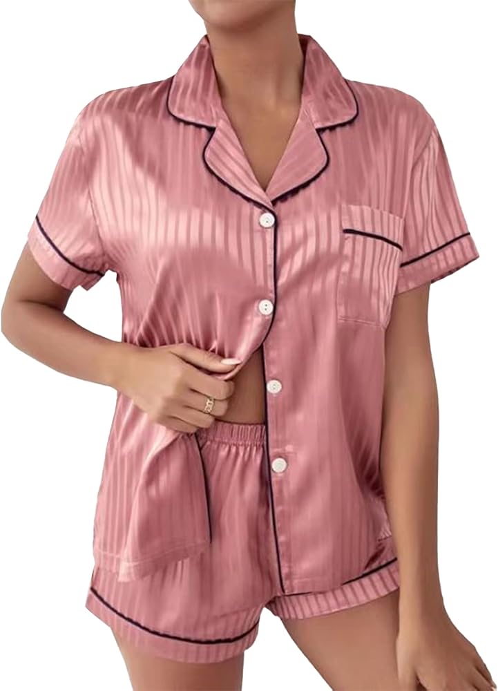 LYANER Women's Striped Silky Satin Short Sleeve Button Down Notch Collar Sleepwear PJ Set