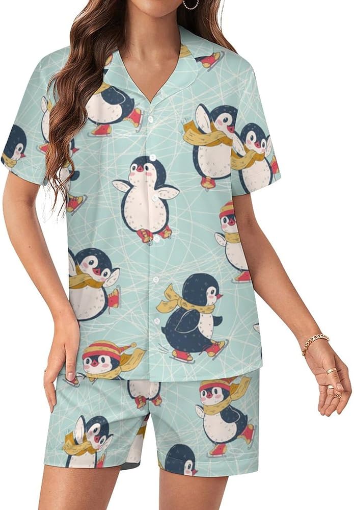 Penguins Winter Ice Skating Women's Pajamas Set Two Piece Button Down Sleepwear Short Sleeve And Shorts Loungewear