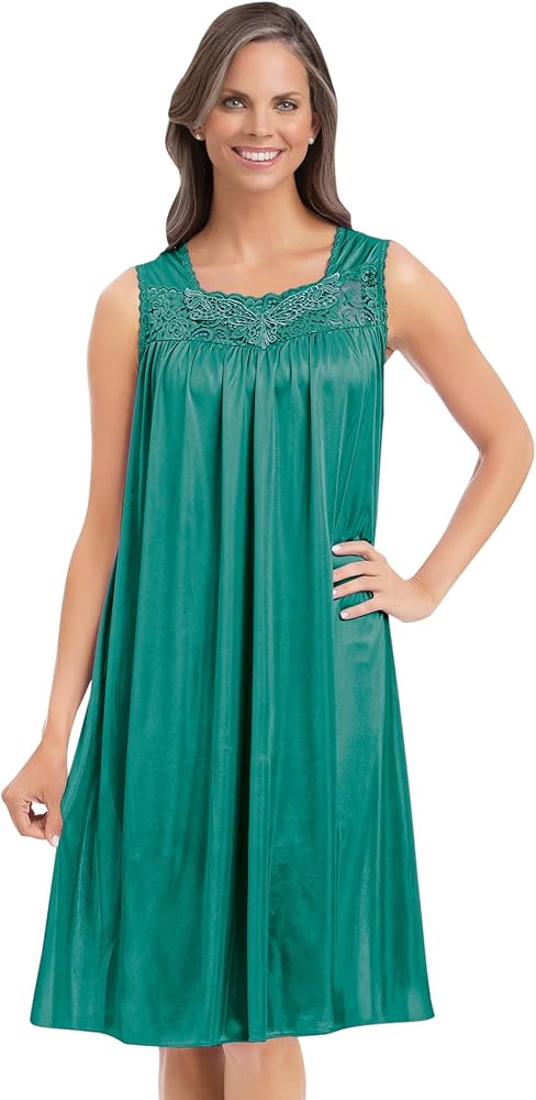 Collections Etc Beautiful Lace Trim Silky Tricot Sleeveless Nightgown