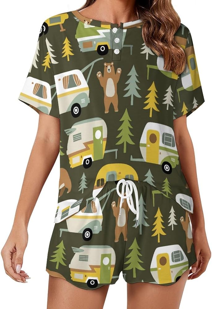 Bears Forest Camping Cars Classic Women's Pajamas Loungewear Set Loose Short Sleeve Sleepwear With Pockets