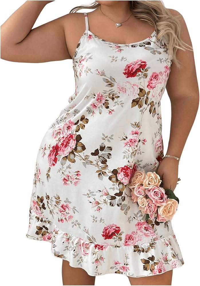 SOLY HUX Women's Plus Size Nightgown Floral Print Ruffle Hem Cami Slip Dress Sleepwear