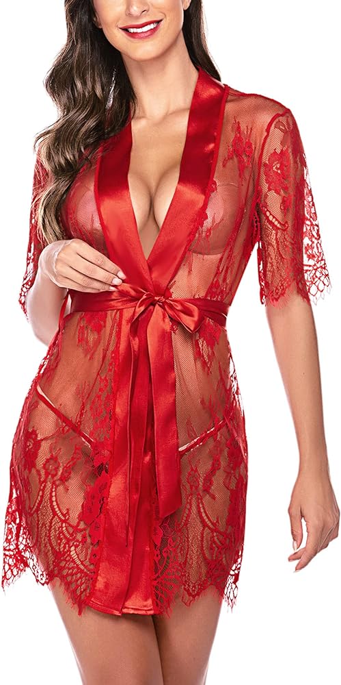 Avidlove Women Kimono Robe Floral Lace Babydoll Lingerie Sheer Mesh Nightgown