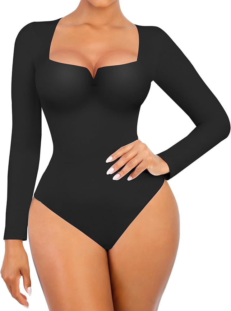 FeelinGirl Women's Square Neck Long Sleeve Thong Bodysuit Fall Tops Fashion Shirt V Neck Body Suit Daliy Basic Jumpsuit