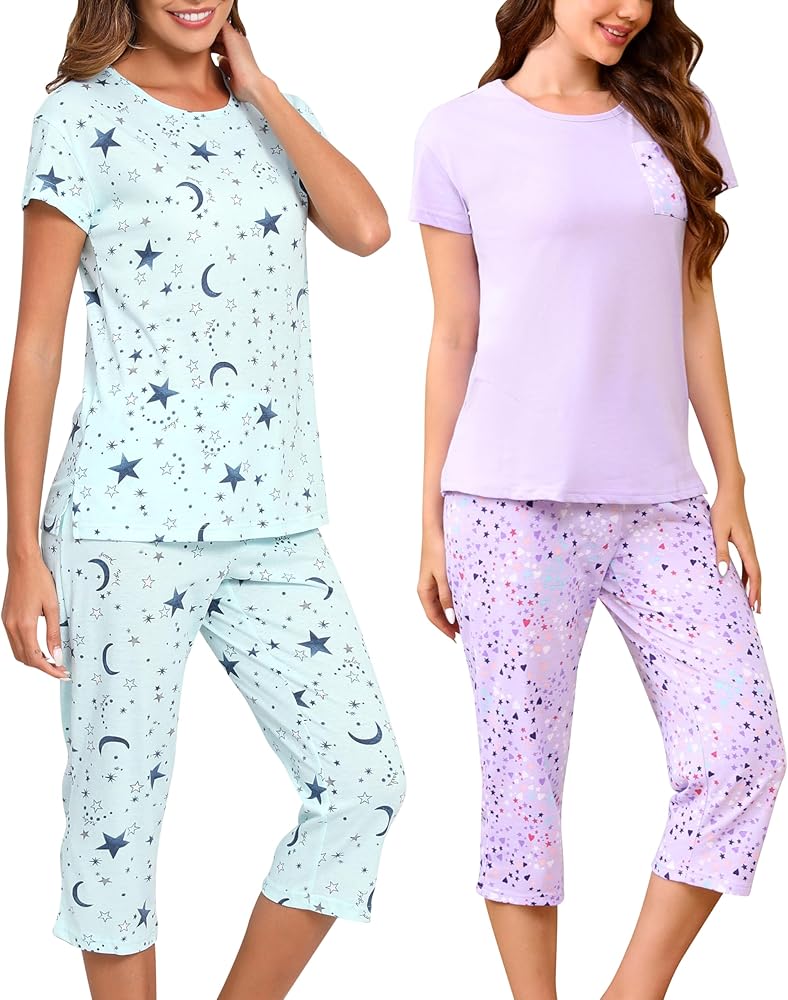 PNAEONG 2 Pack Women's Cotton Pajama Sets Short Sleeve Sleepwear Tops with Capri Pants Summer Loungewear Pj Sets S-3XL