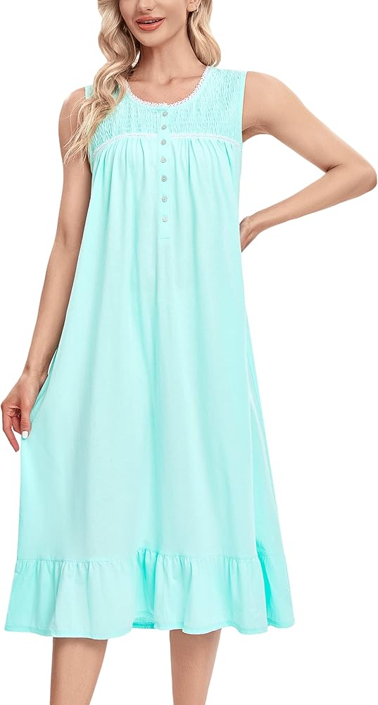 IZZY + TOBY Lightweight Cotton Nightgowns for Women Sleeveless Cotton Nightgown Mid-Calf Ladies Nightdress