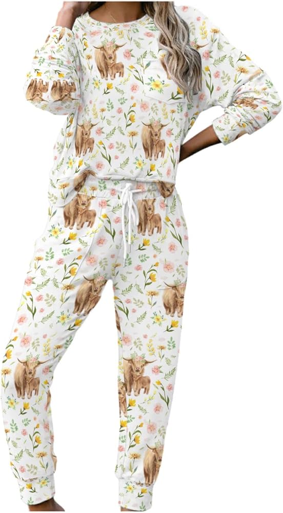 Women's Pajama Set Highland Yak Cow Retro Flowers Women's Loungewear 2 Piece Top and Pants Sleepwear Set