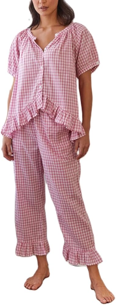 Lordree Women Y2k Gingham 2 Piece Pants Set Ruffle Trim Puff Sleeve Babydoll Blouse Top Plaid Wide Leg Pj Bottoms Pajama Sets