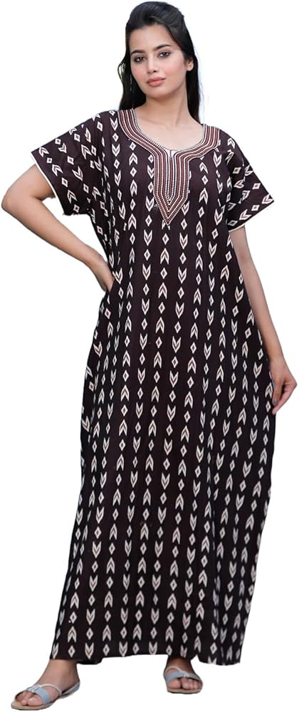 Experience Comfort In Style Indian Women's Cotton Traditional Wave Printed Maxi Long Nightgowns/Nighty