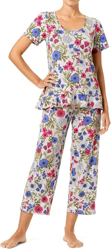 HUE Women's Printed Knit Short Sleeve Tee with Flounce Hem and Pant 2 Piece Pajama Set Sleepwear