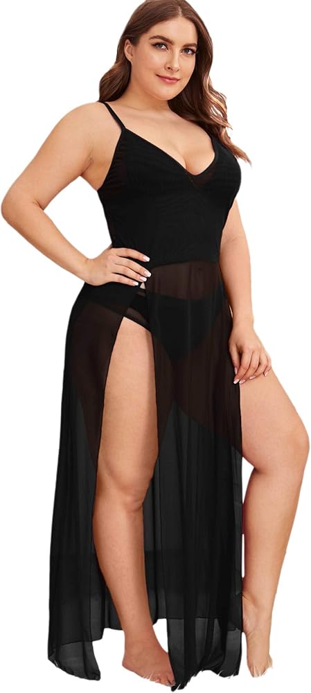 SOLY HUX Women's Plus Size Split Long Mesh Lingerie Dress Babydoll Chemise