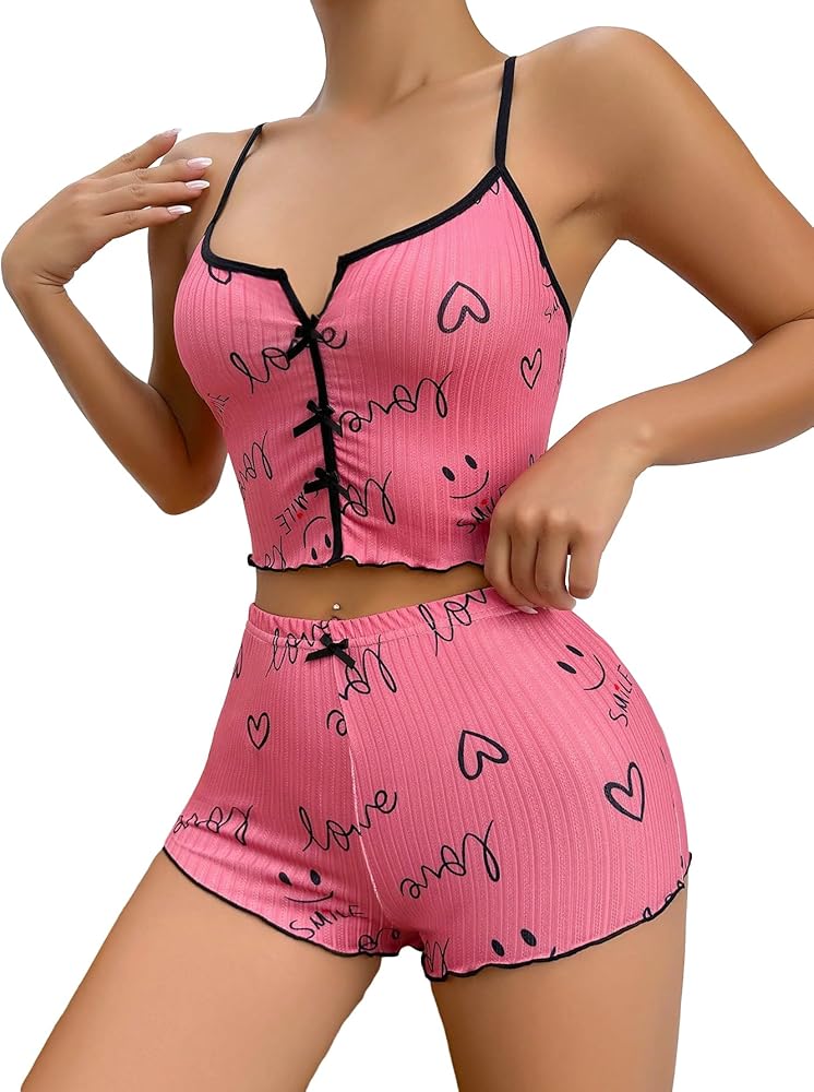 SOLY HUX Women's Pajama Set Heart Letter Print Cami Top and Shorts Lounge Sets Sleepwear