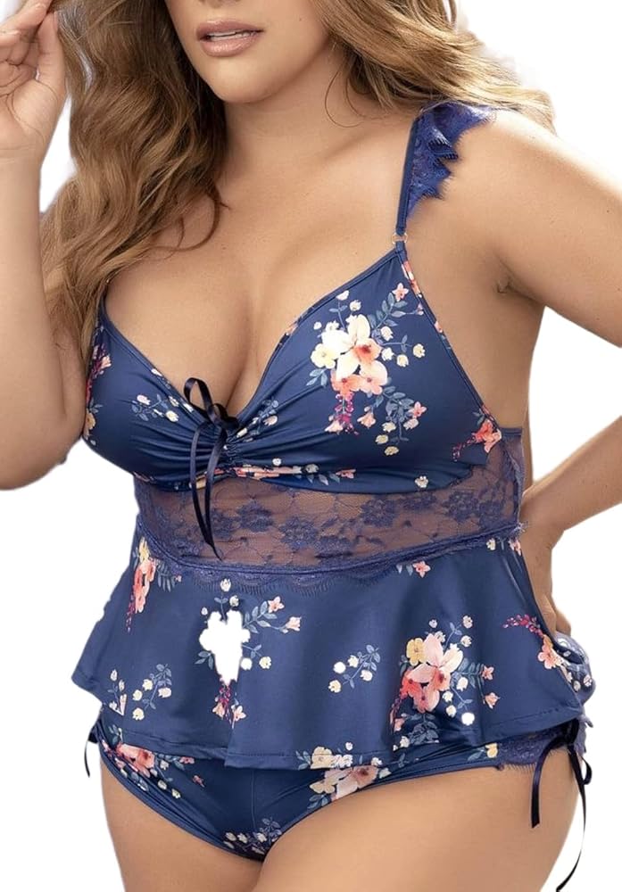 Women Plus Size Pajamas Sexy lingerie Chemise Nightgowns Floral Print Cami Top and Shorts Pajama Set Sleepwear