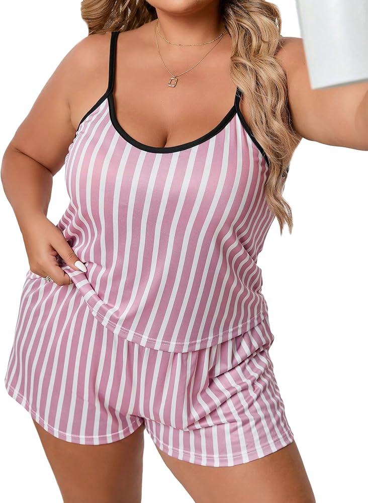 SOLY HUX Women's Plus Size Pajama Set Striped Cami Top and Shorts Lounge Sets Sleepwear