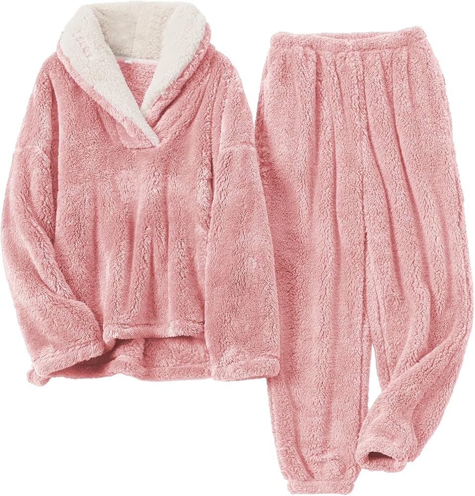 Womens Fluffy Pajamas Set Fleece Pullover Pants Oversized Plush Sleepwear