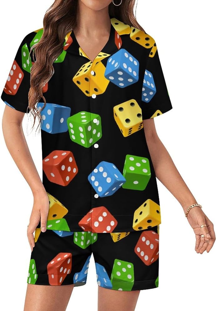 Varicoloured Dice Women's Pajamas Set Two Piece Button Down Sleepwear Short Sleeve And Shorts Loungewear