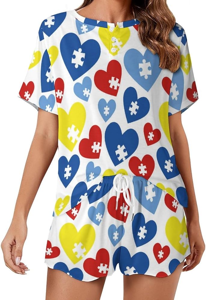 Autism Awareness Love Heart Classic Women's Pajamas Loungewear Set Loose Short Sleeve Sleepwear With Pockets