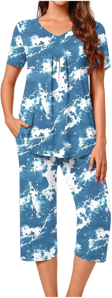 Kinrui Comfy Pajama Sets for Women 2 Piece Lounge Outfits Short Sleeve Tops & Cropped Pants With Pockets Soft Sleepwear Pjs