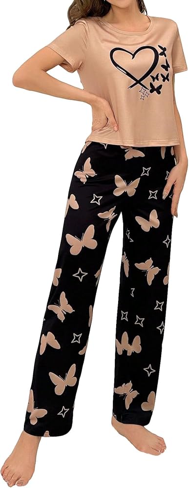 Floerns Women's Cartoon Print Short Sleeve Top with Long Pants Two Piece Pajama Sets Brown Heart Medium