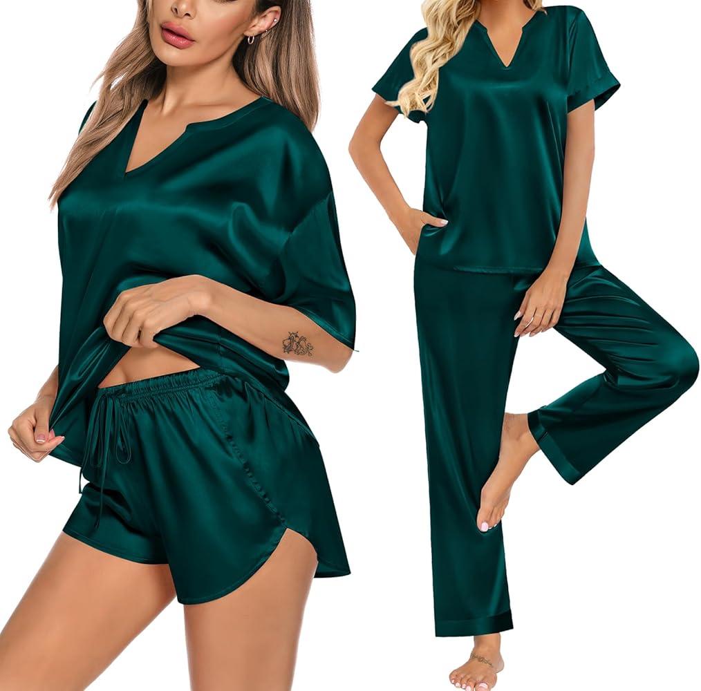 SWOMOG 3 PCS Women's Silk Pajamas Set V Neck Sleepwear Short Sleeve Satin Pajama Shorts Sets Bride Pj Lounge Sets with Pants