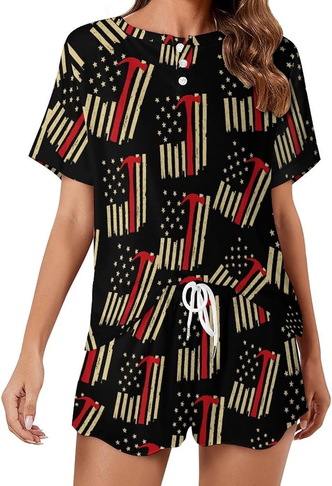 American Carpenter Flag Classic Women's Pajamas Loungewear Set Loose Short Sleeve Sleepwear With Pockets