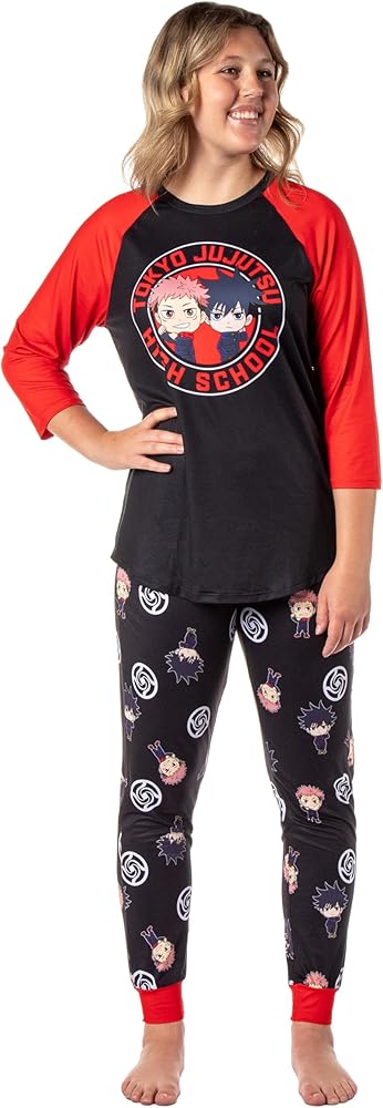 Bioworld Jujutsu Kaisen Women's Pajamas Tokyo Jujutsu High School Yuji Itadori And Megumi Fushiguro Raglan Jogger Pajama Set