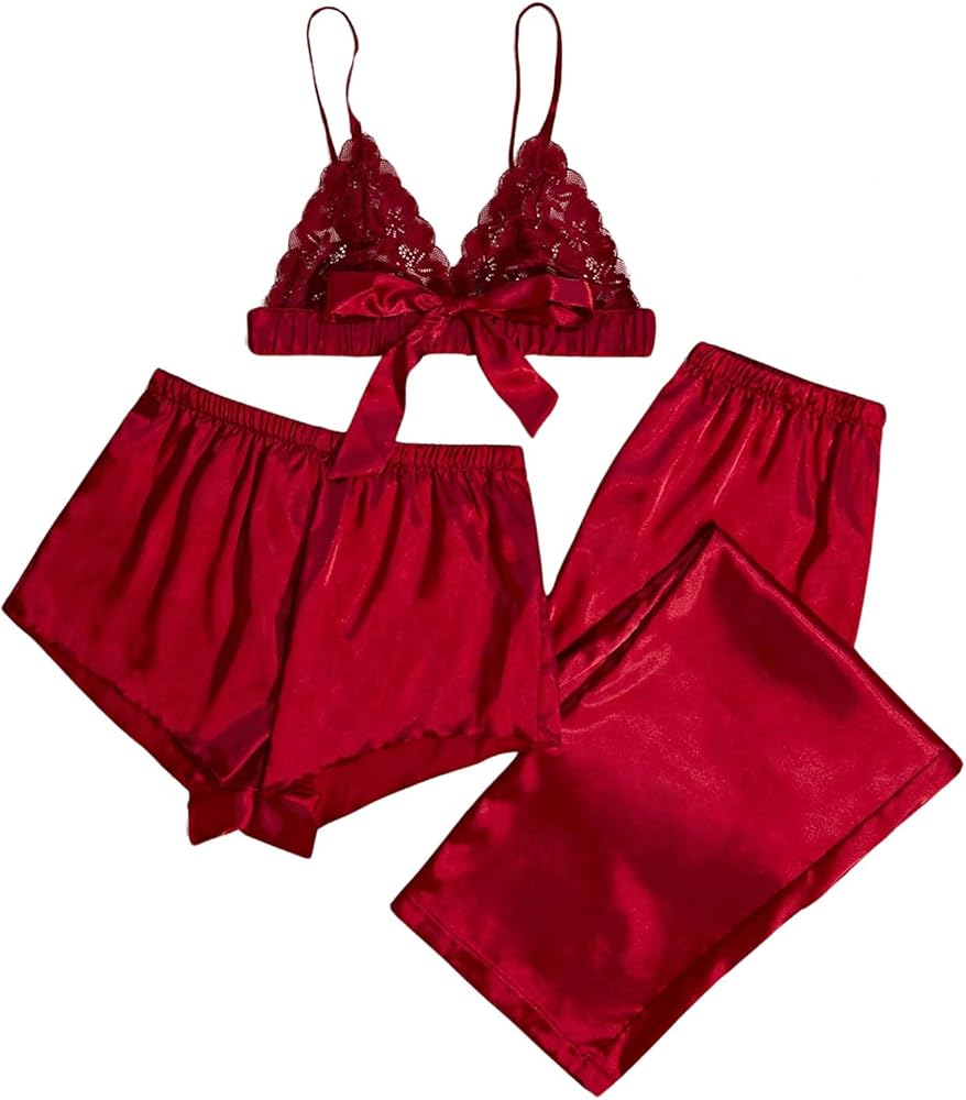 Verdusa Women's 3pcs Satin Pajamas Sets Lace Cami Top and Shorts with Pants