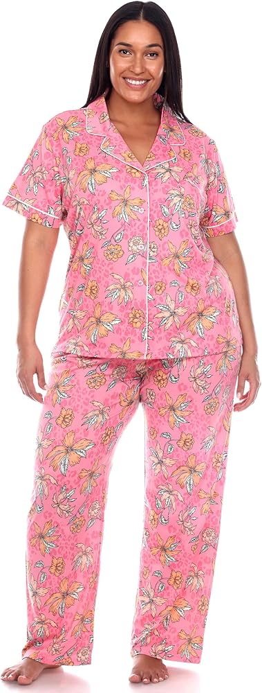 white mark Women's Plus Size Tropical Short Sleeve Button Up Top with Matching Long Pant Pajama Set