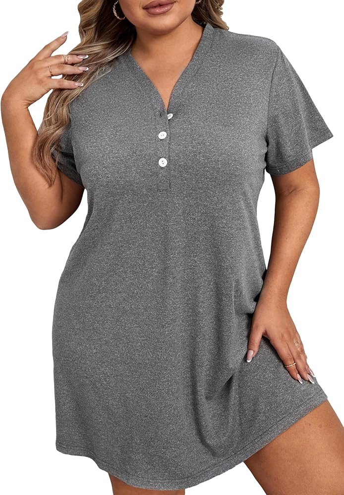 MakeMeChic Women's Plus Size Nightgown Half Button Sleep Shirt Short Sleeve V Neck Nightdress Sleepwear Loungewear